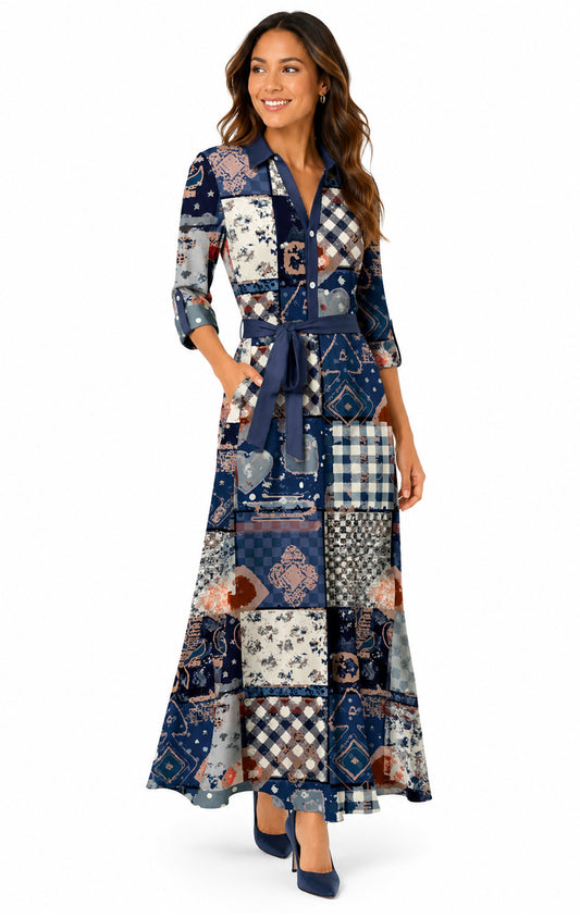 Lily by Firmiana Women's Long Sleeve Collared Maxi Dress with Tie Blue Patchwork Mix