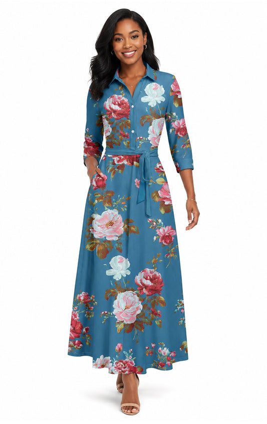 Lily by Firmiana Women's Long Sleeve Collared Maxi Dress with Tie Blue & Pink Floral