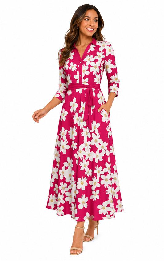 Lily by Firmiana Women's Long Sleeve Collared Maxi Dress with Tie Fuchsia & White Floral