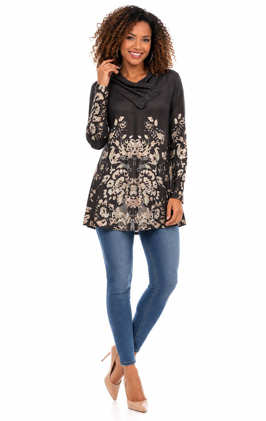 Lily by Firmiana Women's Shawl Neck Tunic with 4-Button Placket and Long Sleeves Champagne and Black Geometric