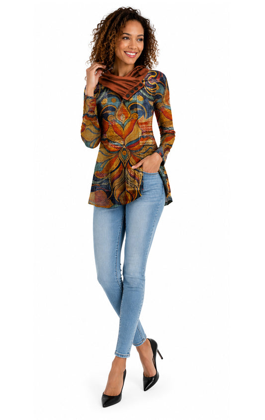 Lily by Firmiana Women's Shawl Neck Tunic with 4-Button Placket and Long Sleeves Orange and Blue Lotus Print