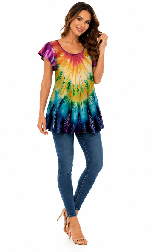Lily by Firmiana Women’s Short Sleeve Flutter Hem Tunic Top Purple & Yellow Tie Dye