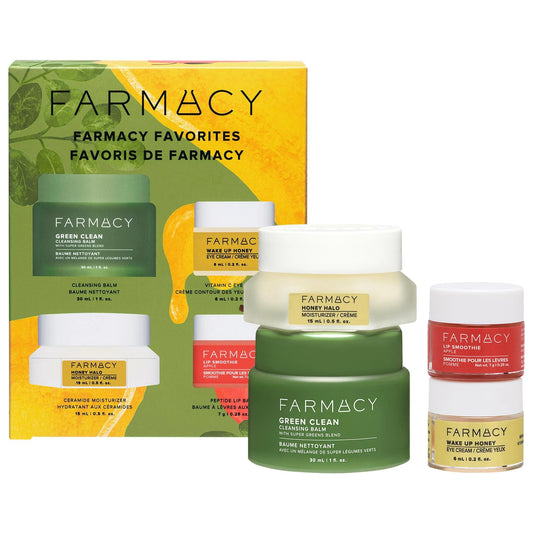 Farmacy Favorites Skincare Set: Remove Makeup, Brighten Dark Circles, Hydrate Skin - Includes Cleansing Balm, Moisturizer, Eye Cream and Lip Smoothie