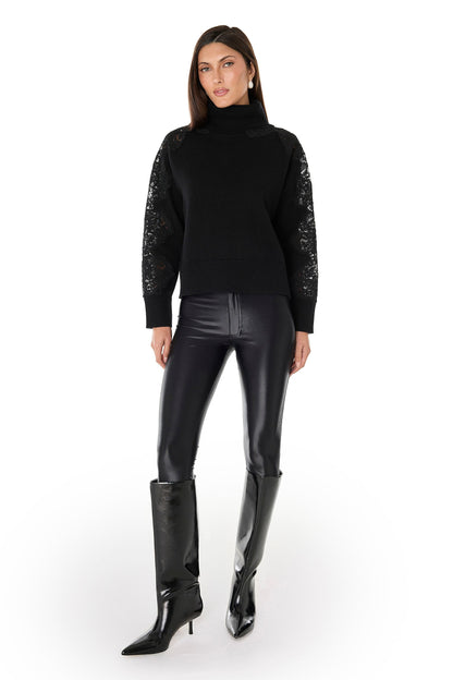Camille Lace Turtleneck Sweater - Black