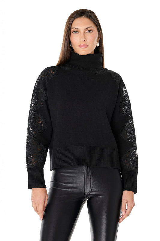 Camille Lace Turtleneck Sweater - Black