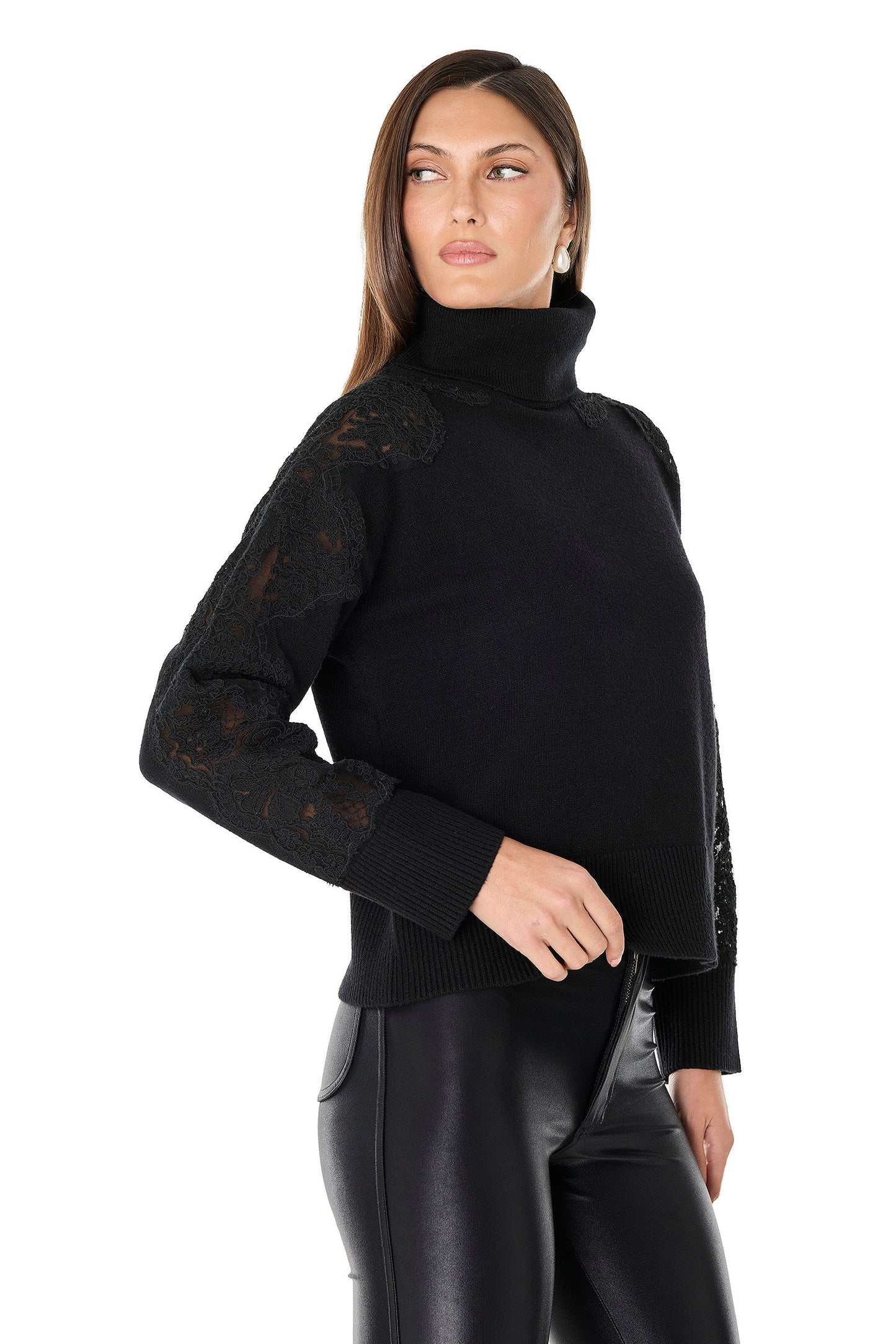 Camille Lace Turtleneck Sweater - Black