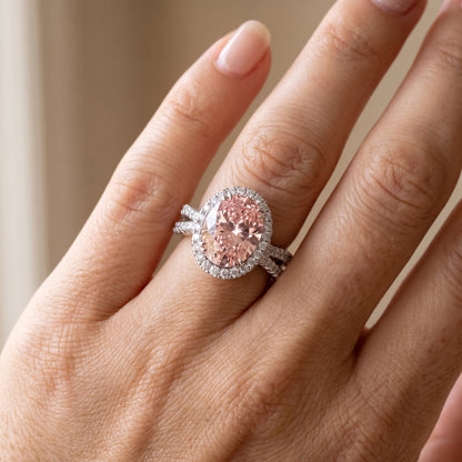 4Cttw Oval Shaped Pink Lab Grown Diamond (F/VS) Split Shank Halo Engagement Ring in 14K Gold