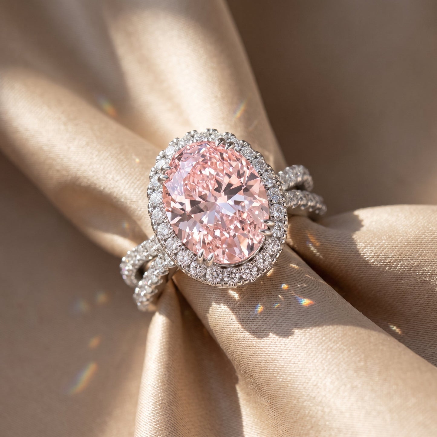 4Cttw Oval Shaped Pink Lab Grown Diamond (F/VS) Split Shank Halo Engagement Ring 14K Gold