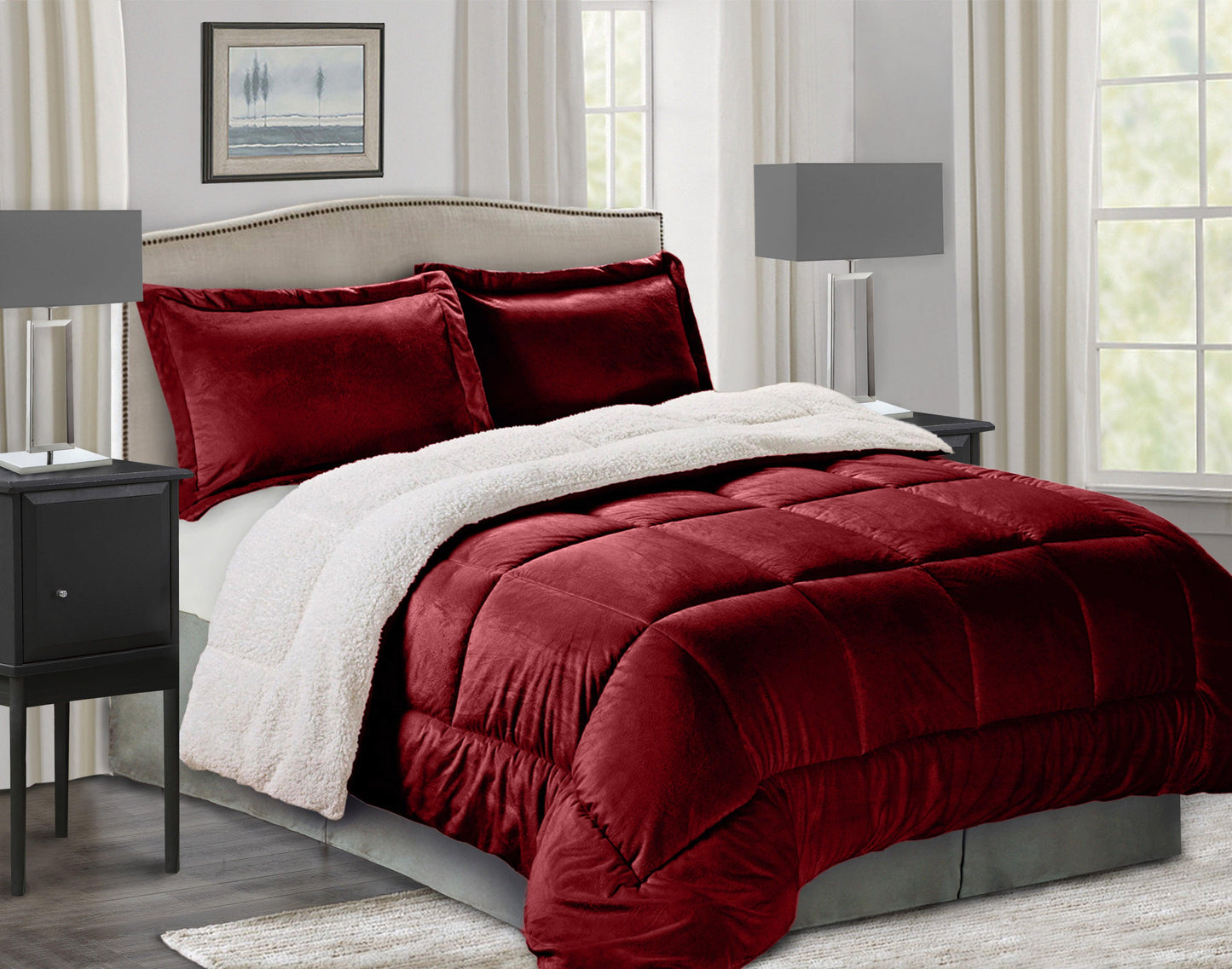 Elegant Comfort 3-Piece Micro-Suede Reversible Sherpa - Solid Color Design Comforter Set