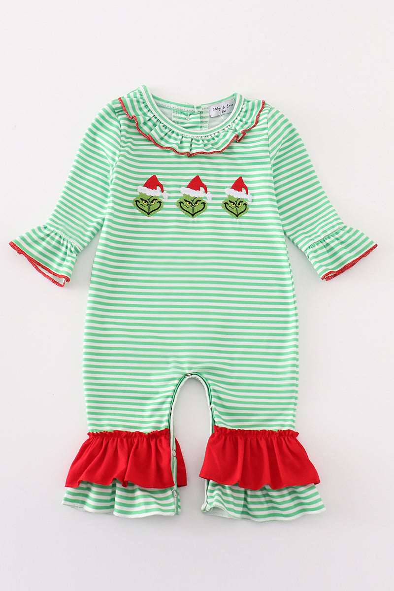 Green Stripe Christmas Grinch Girl Romper