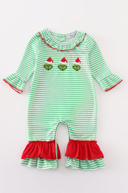 Green Stripe Christmas Grinch Girl Romper