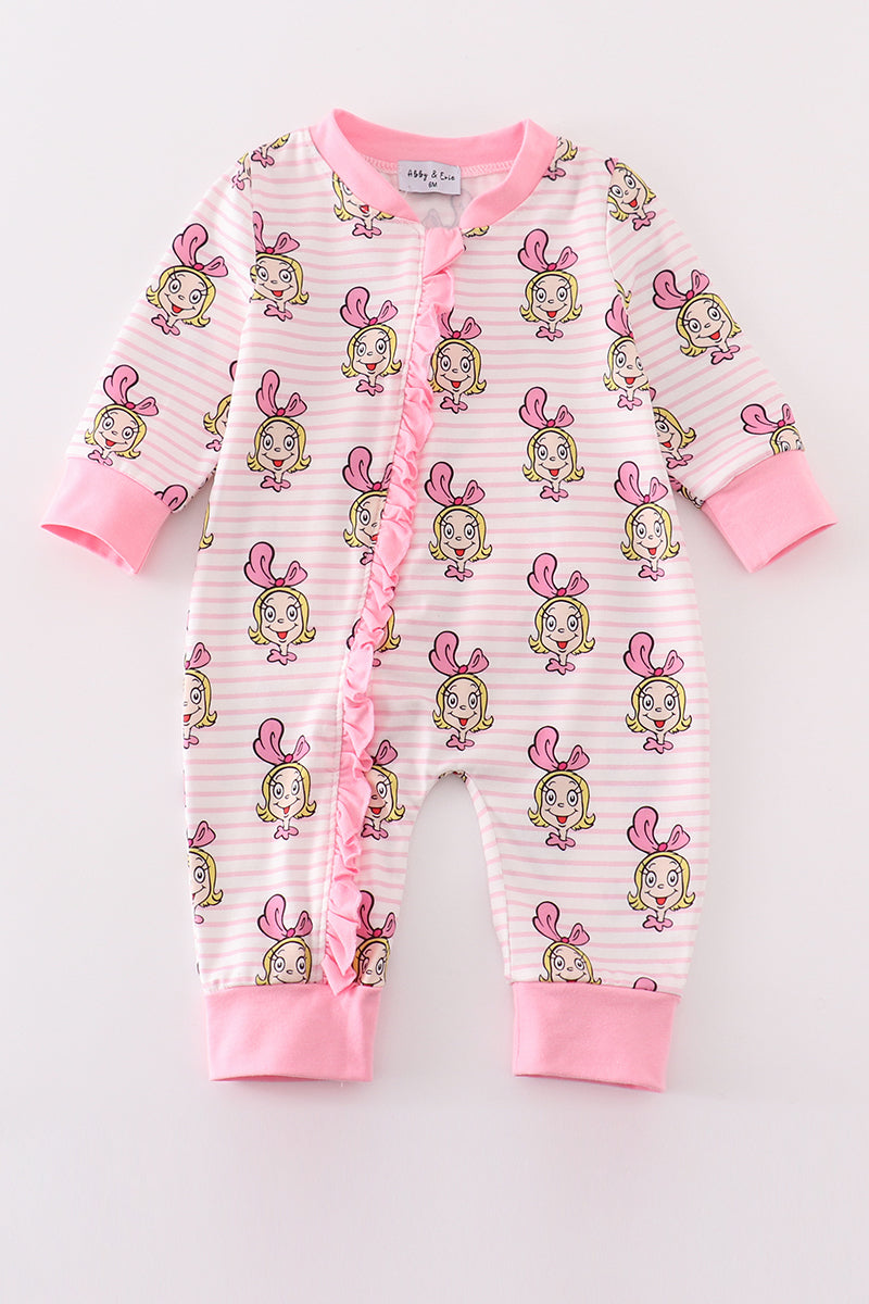 Pink Stripe Cindy Lou Who Print Zipper Girl Romper