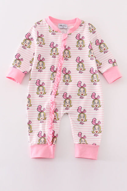Pink Stripe Cindy Lou Who Print Zipper Girl Romper