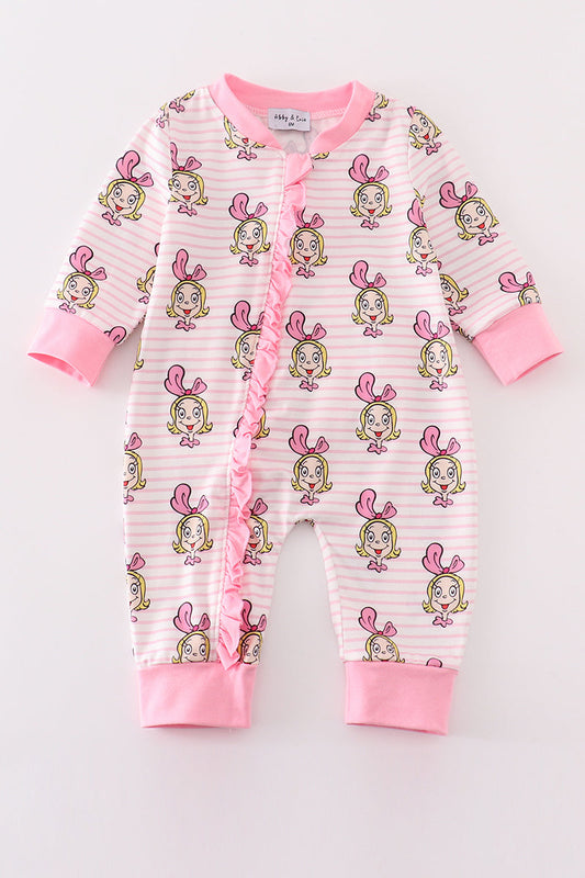 Pink Stripe Cindy Lou Who Print Zipper Girl Romper