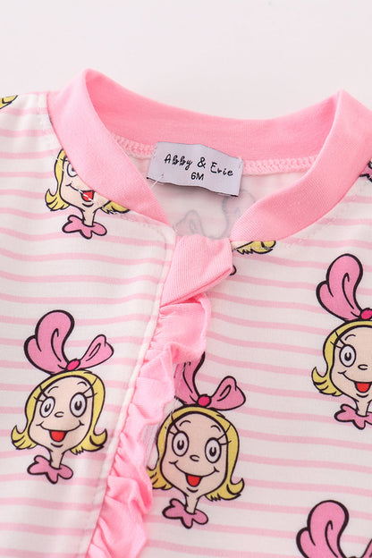 Pink Stripe Cindy Lou Who Print Zipper Girl Romper