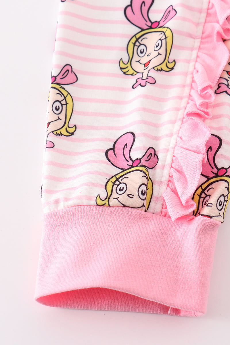 Pink Stripe Cindy Lou Who Print Zipper Girl Romper