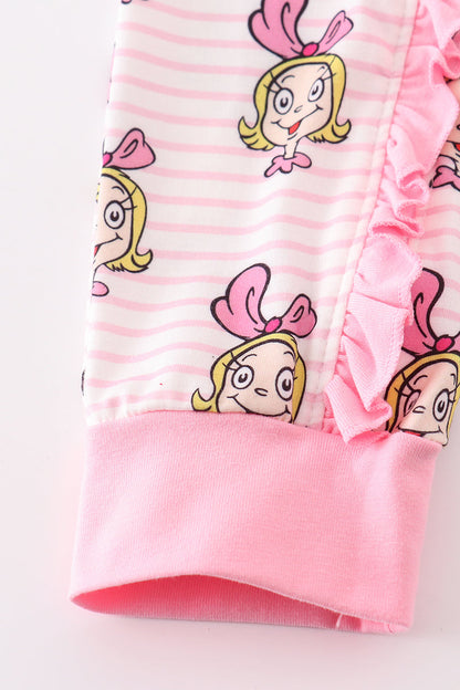 Pink Stripe Cindy Lou Who Print Zipper Girl Romper