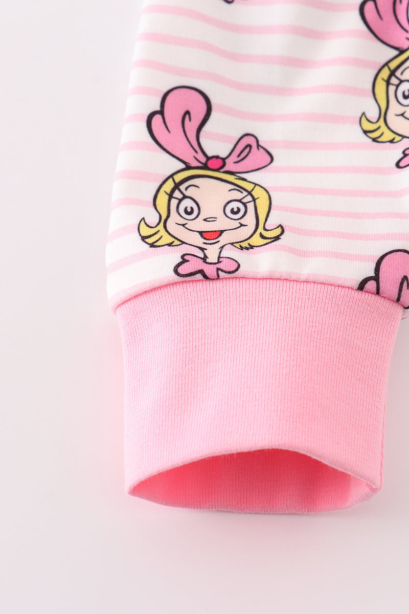 Pink Stripe Cindy Lou Who Print Zipper Girl Romper