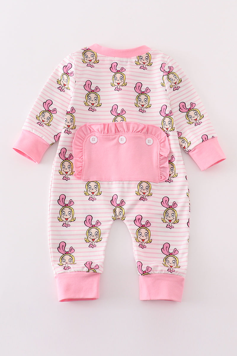 Pink Stripe Cindy Lou Who Print Zipper Girl Romper