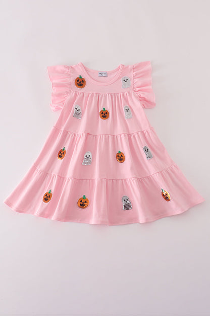 Pink Ghost Pumpkin Sequin Ruffle Dress