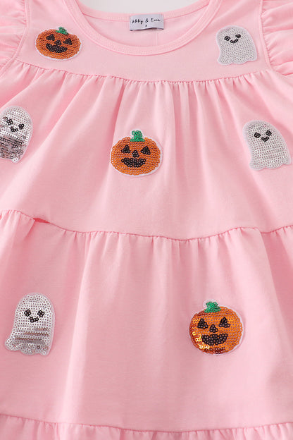 Pink Ghost Pumpkin Sequin Ruffle Dress