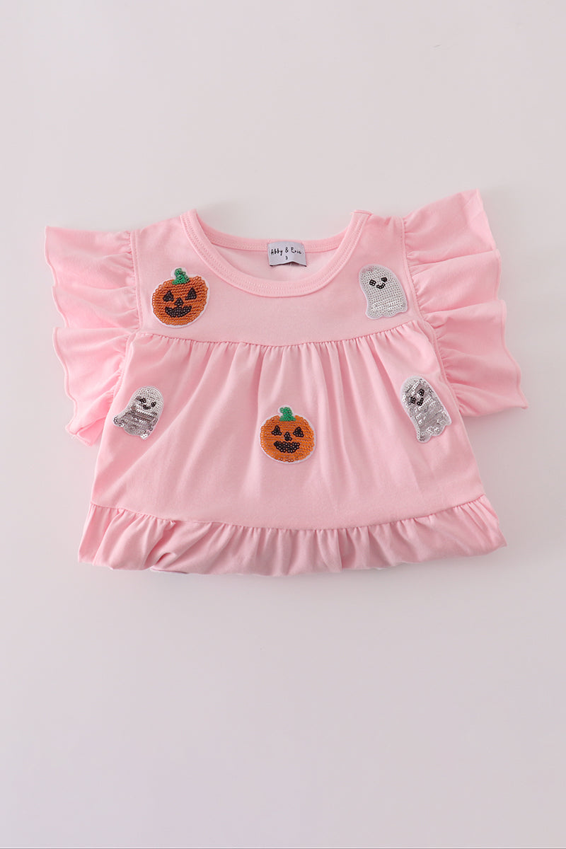 Pink Ghost Pumpkin Sequin Ruffle Dress