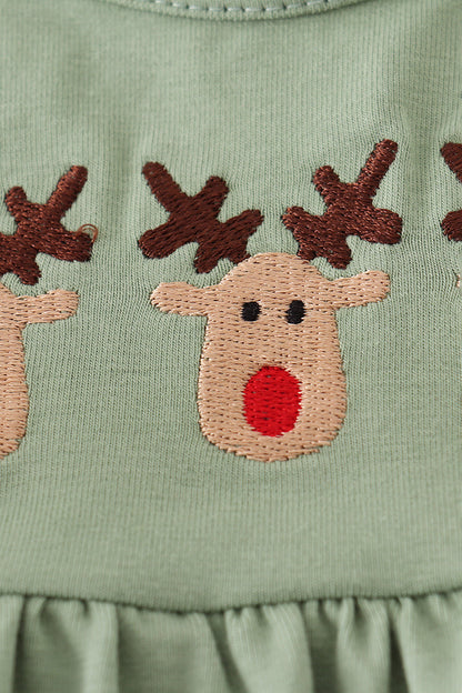 Green Christmas Reindeer Embroidery Girl Bloomers Set