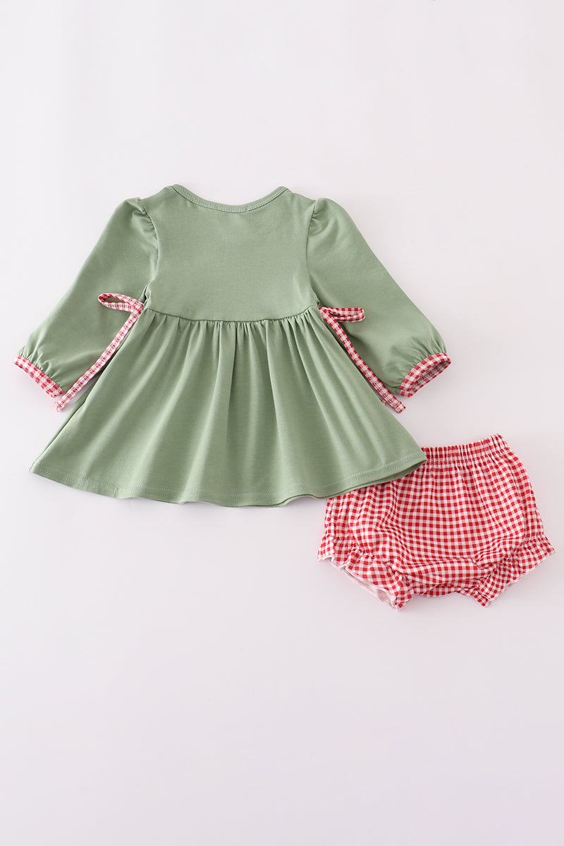 Green Christmas Reindeer Embroidery Girl Bloomers Set