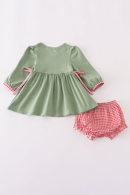 Green Christmas Reindeer Embroidery Girl Bloomers Set
