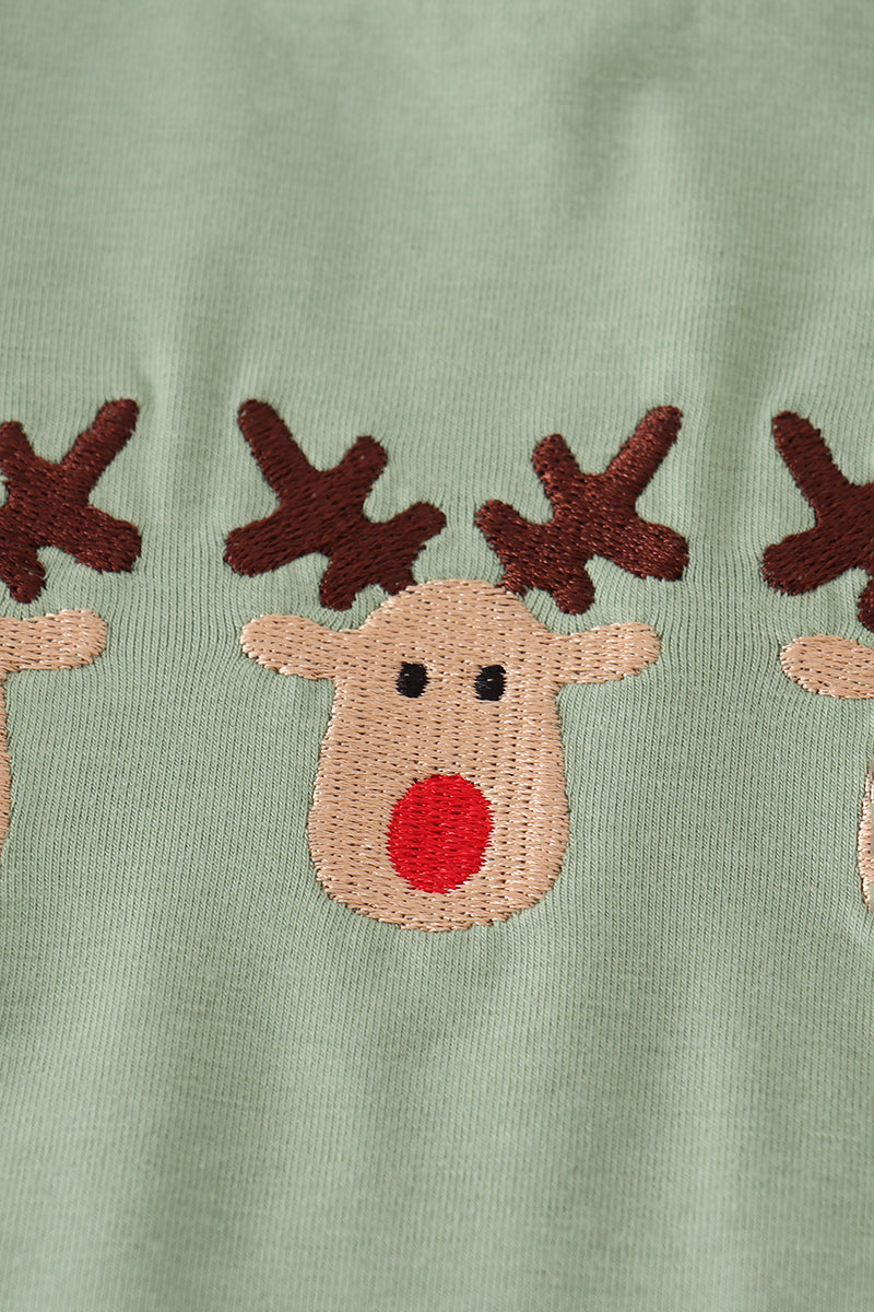 Green Christmas Reindeer Embroidery Boy Set