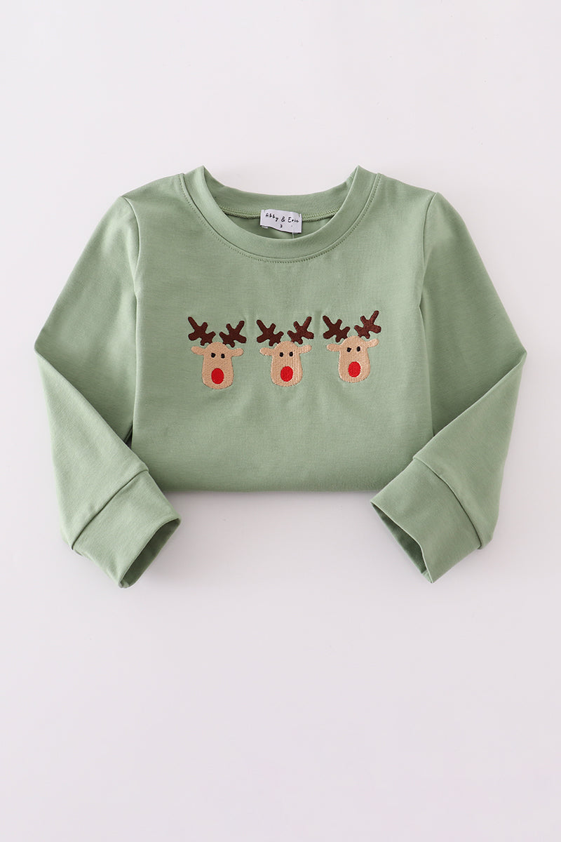 Green Christmas Reindeer Embroidery Boy Set