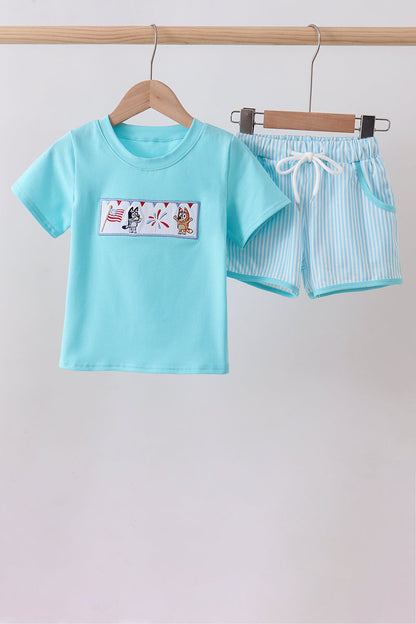 Blue character embroidery shorts set