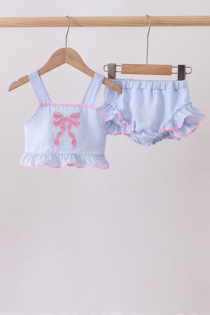 Blue bow embroidery seersucker ruffle 2pc swimsuit