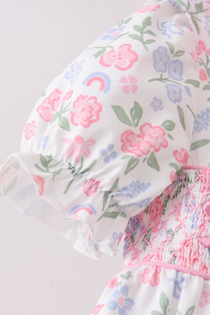 Pink floral bow smocked ruffle bloomer set