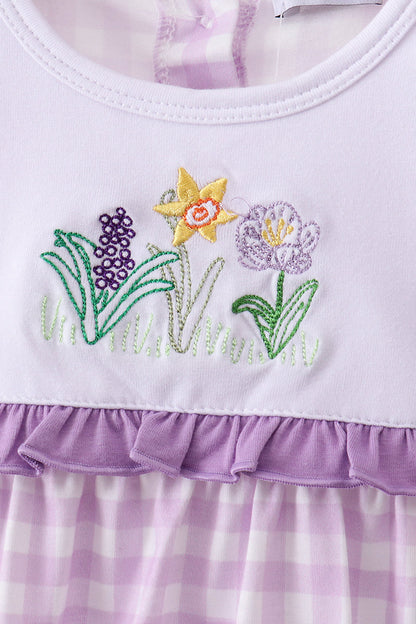 Purple floral embroidery gingham ruffle bubble