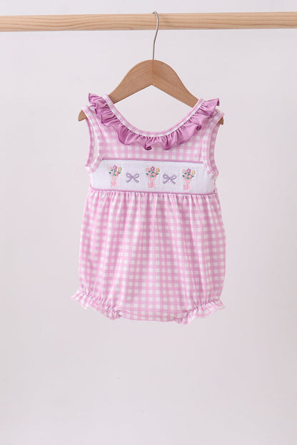 Pink floral bow smocked ruffle bubble