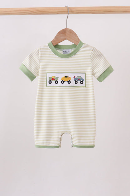 Monster truck embroidery stripe romper