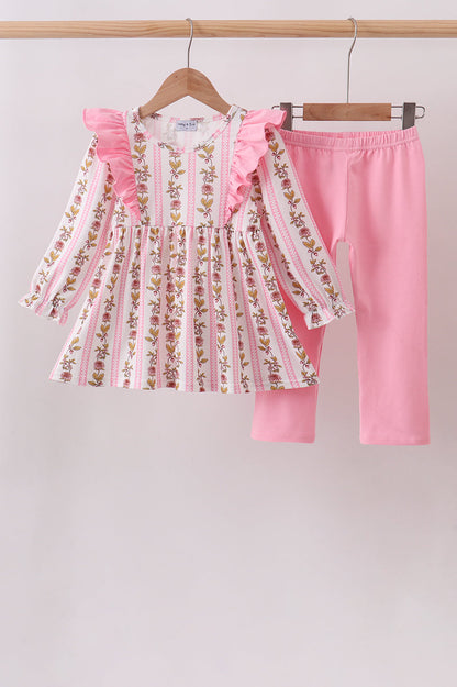 Pink Rose Stripe Ruffle Pants Set