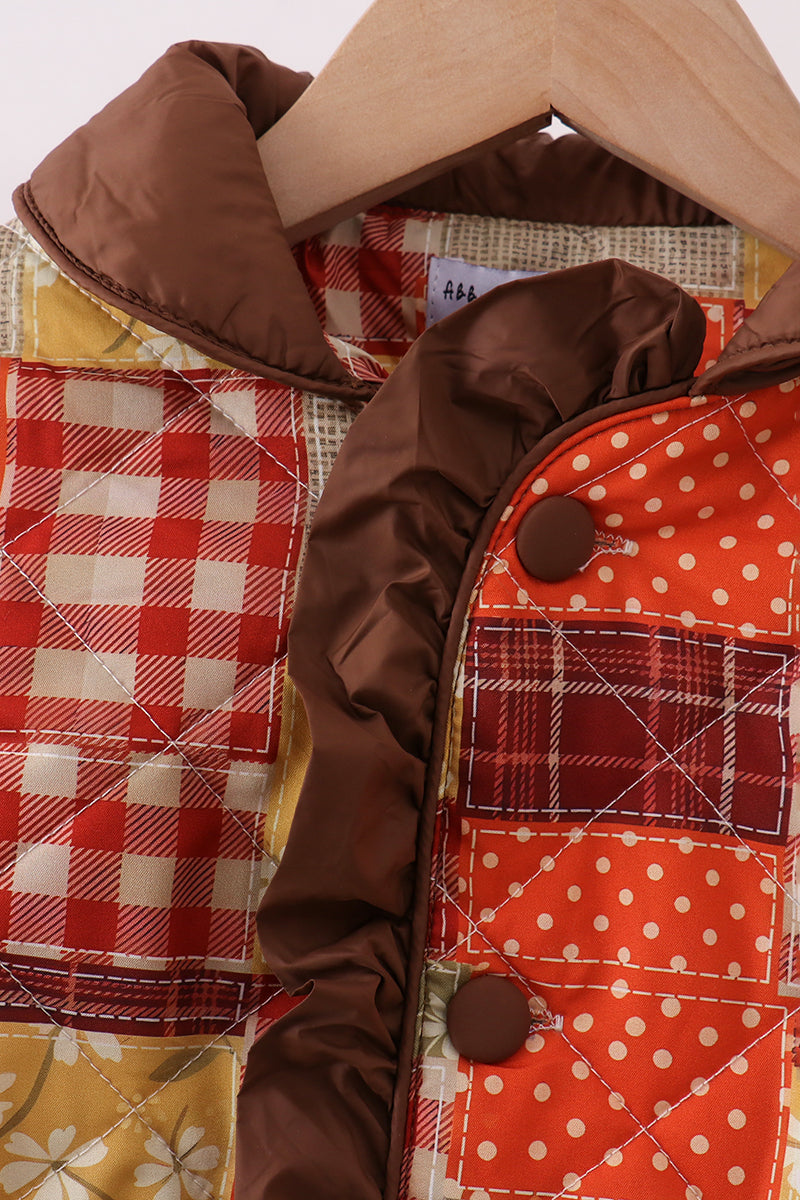 Brown Patchwork Floral Ruffle Jacket