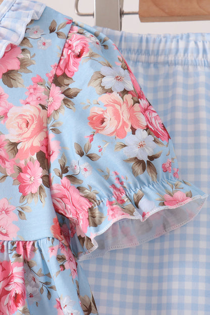 Blue Rose Floral Ruffle Pants Set