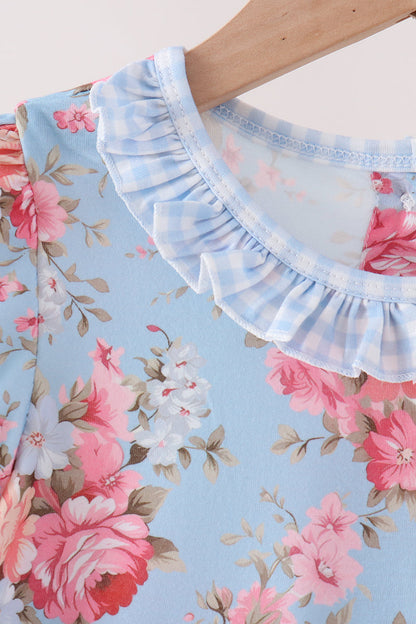 Blue Rose Floral Ruffle Dress