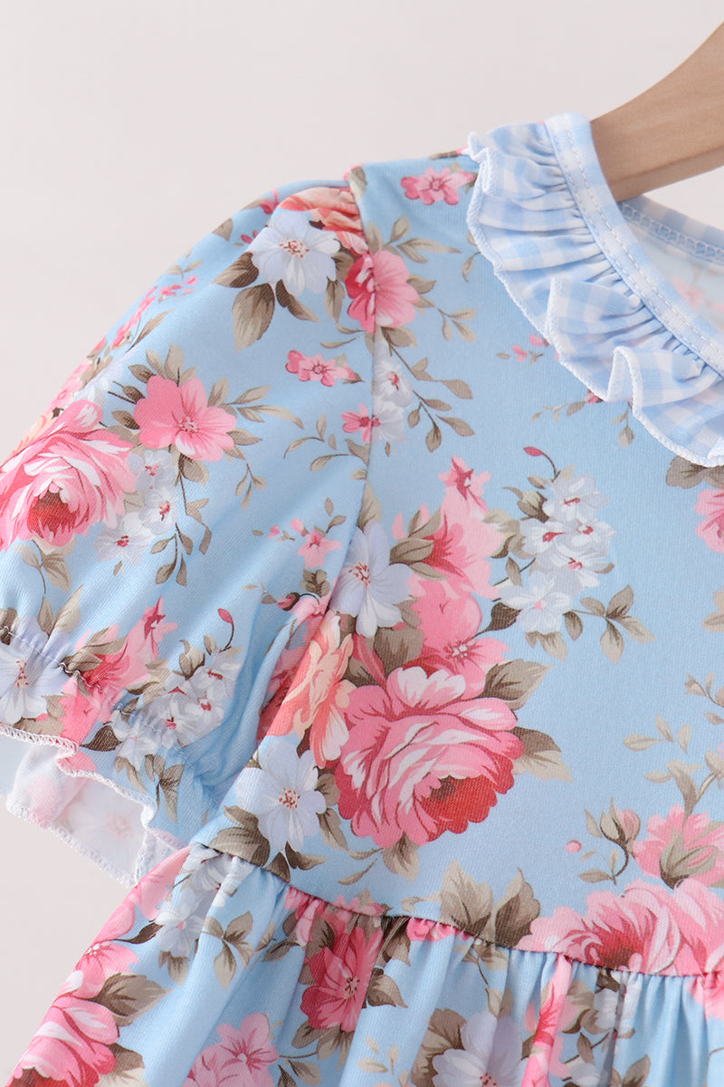 Blue Rose Floral Ruffle Dress
