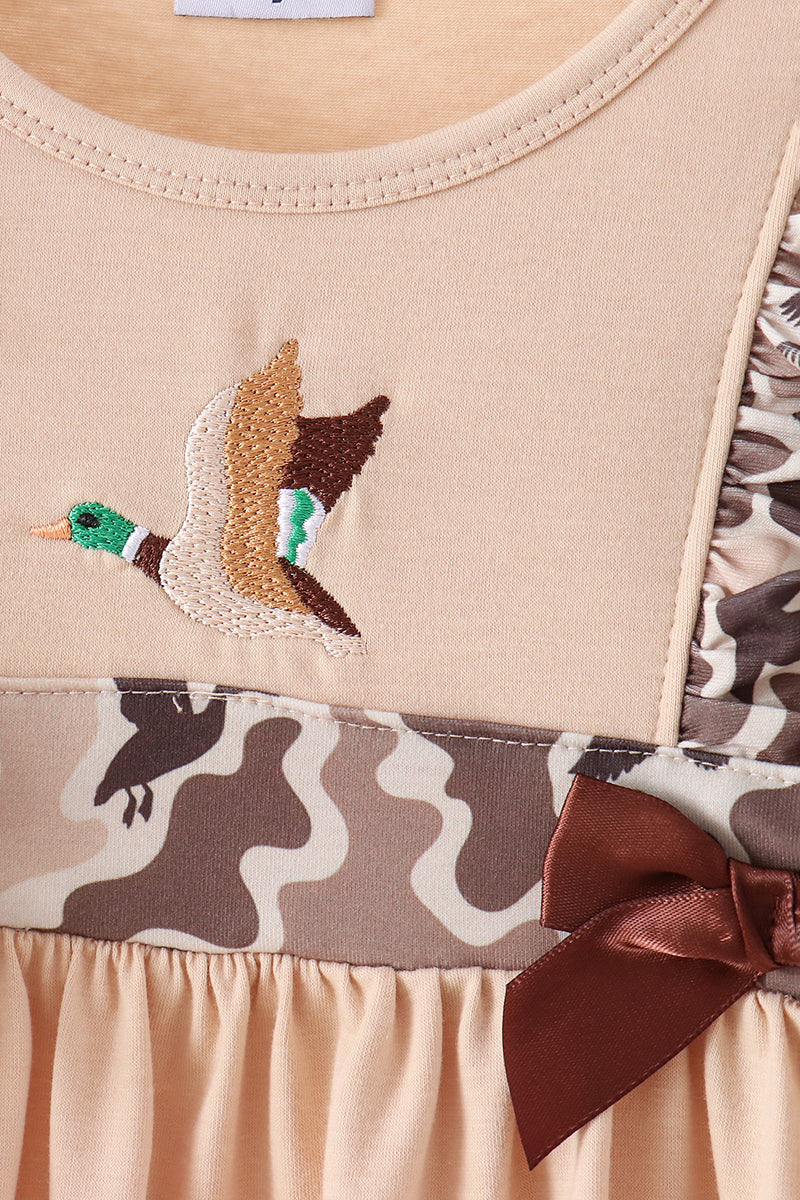 Camouflage Duck Embroidery Ruffle Dress