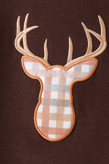 Brown Deer Applique Plaid Pants Set