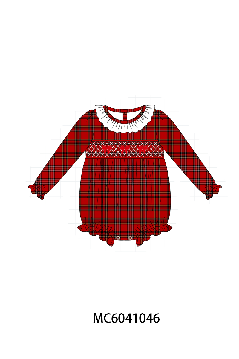 Red Plaid Bow Smocked Ruffle Bubble