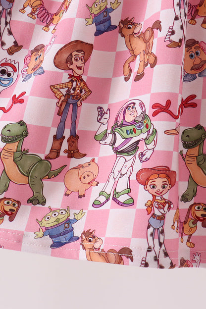 Pink Character Checkered Bamboo Ruffle Dress