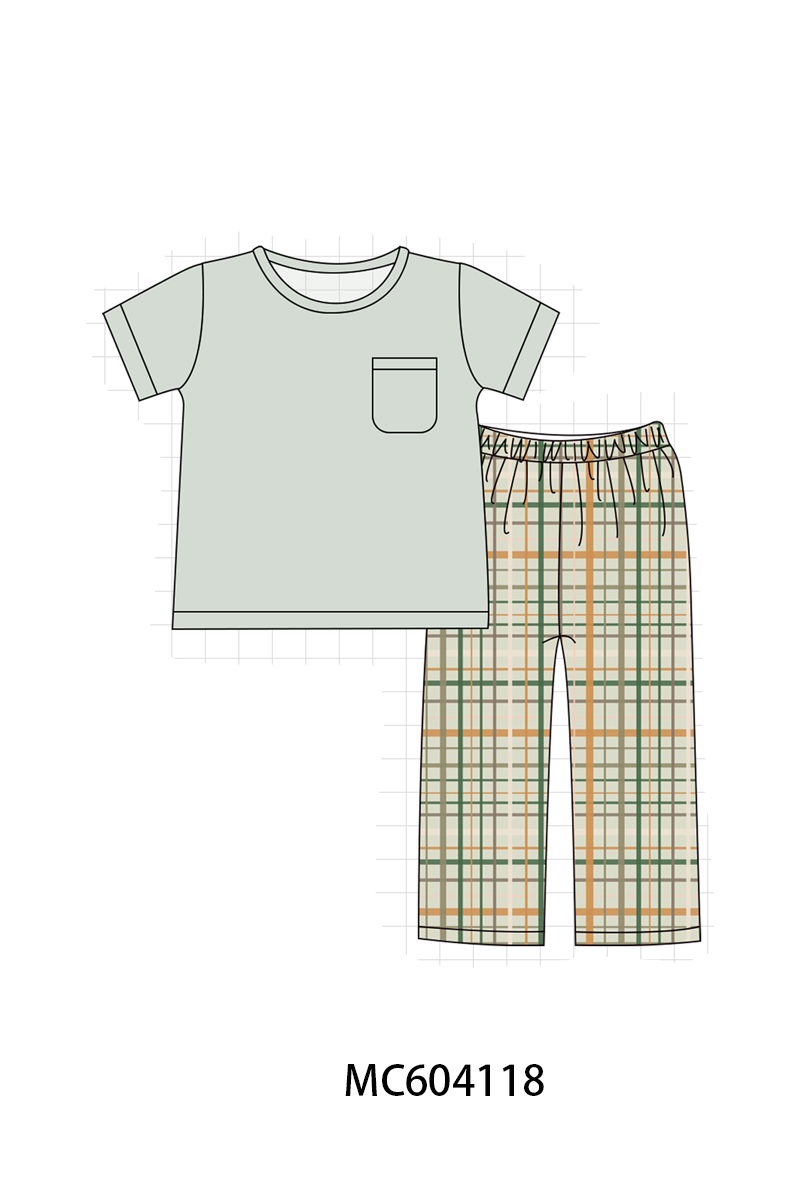 Sage Pumpkin Embroidery Plaid Pants Set