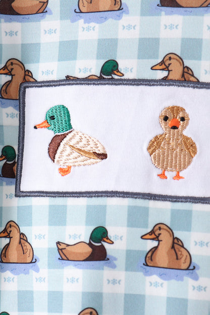 Blue Mallard Duck Embroidery Ruffle Romper