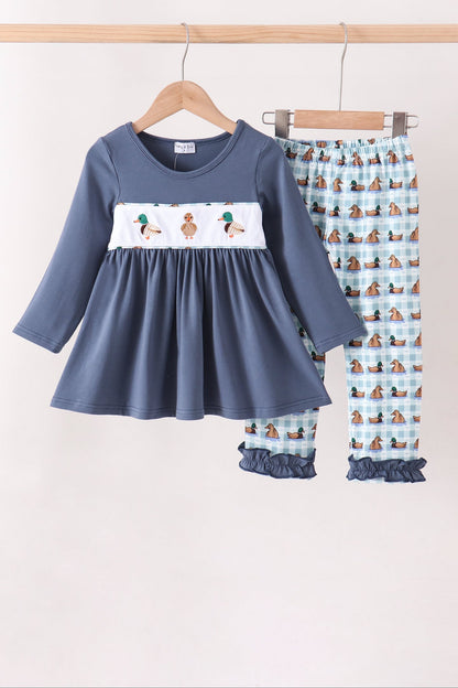 Blue Mallard Duck Embroidery Ruffle Pants Set