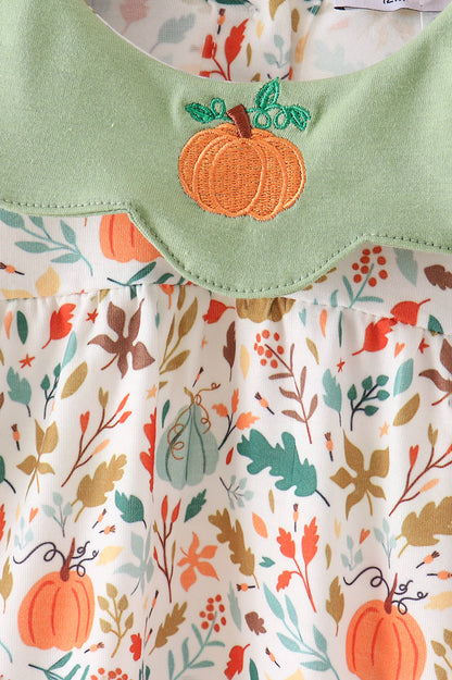 Fall Pumpkin Embroidery Leaves Bloomer Set